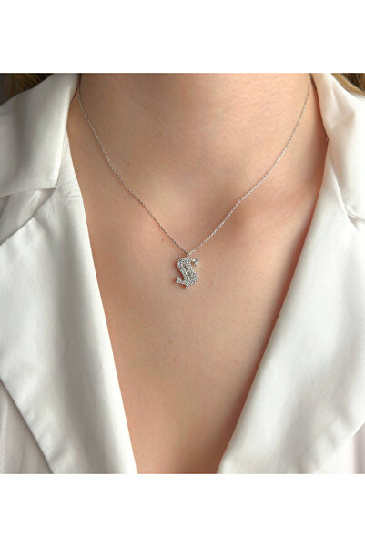 Şimal Silver 925 Ayar Gümüş Rodyum Kaplamalı Baget Taşlı - Ş - Harfi Kolye