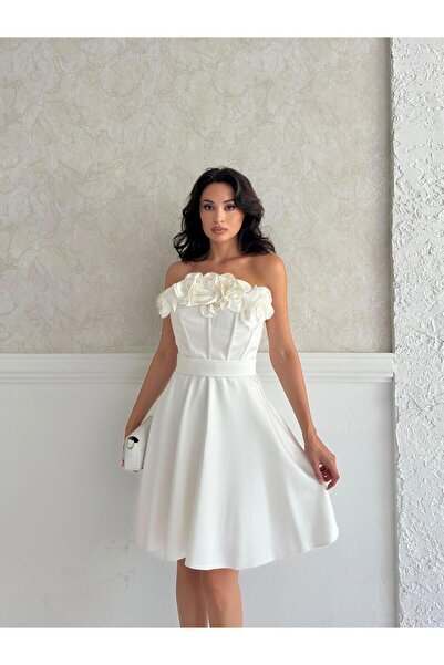 Serica Moda Λευκό Στράπλες Μίνι Σατέν Βραδινό Φόρεμα