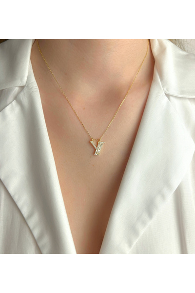 Şimal Silver 925 Ayar Gümüş Altın Kaplamalı Baget Taşlı - Y - Harfi Kolye