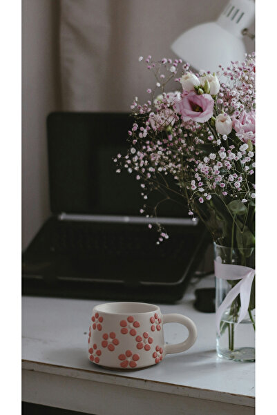 touchmughm Pink Daisy Patterned Special Embossed Hand-Painted Ceramic Mug, Double, Coffee Cup, Mug