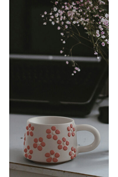 touchmughm Pink Daisy Patterned Special Embossed Hand-Painted Ceramic Mug, Double, Coffee Cup, Mug