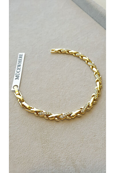 MÜCEWHERE 14k Xuping Altın Kaplama Xp Mühürlü Zirkon Taş Detaylı bileklik 17+2 cm Kararma Solma Yapmaz