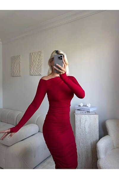 Zora Butik Kayık Yaka Parmak Geçmeli Elbise - KIRMIZI