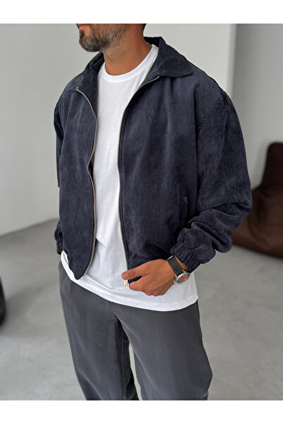 BYBASICMAN Navy Blue Seasonal Velvet Bomber Jacket Tw-7011