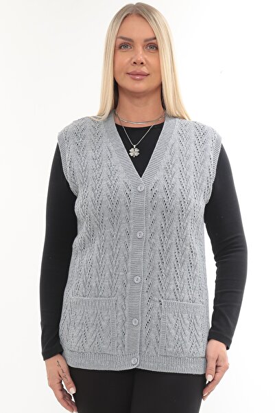İKSUN Women's V-Neck Thick Wool Goose Feet Patterned Knitwear Buttoned Pocketed Mother Vest
