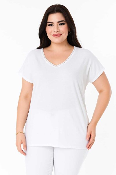 Şans Women's Plus Size White, Collar Hole Detail, Washable Fabric, V-Neck Blouse 65N39137