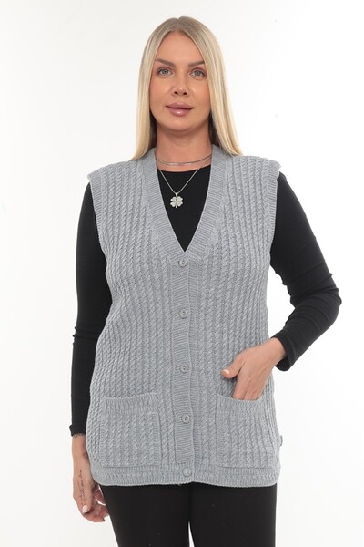 İKSUN Women's V-Neck Winter Thick Woolen Hair Knit Model Knitwear Button Mother Vest with Pockets