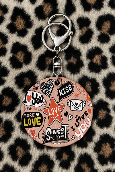 Cekuonline سلسلة مفاتيح جلدية قابلة للتجميع مع نقش مطبوع بتصميم مرح، نمط وردي فاتح: الحب