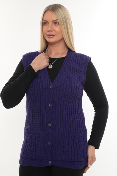 İKSUN Women's V-Neck Winter Thick Woolen Hair Knit Model Knitwear Button Mother Vest with Pockets