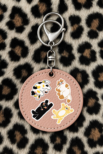 Cekuonline سلسلة مفاتيح جلدية قابلة للتجميع مع نقش مطبوع بتصميم مرح، نمط وردي فاتح: قطة لطيفة