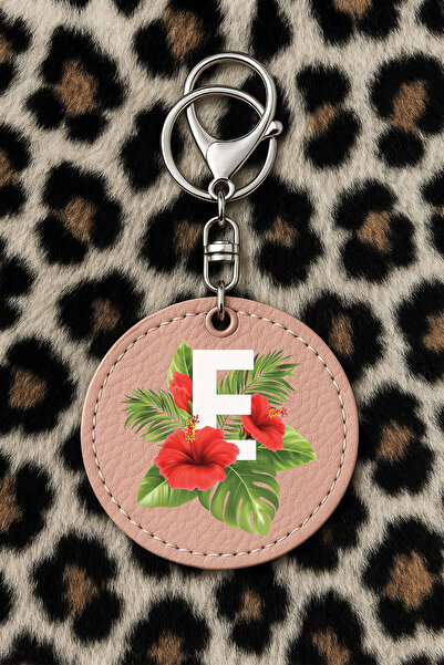 Cekuonline سلسلة مفاتيح جلدية قابلة للتجميع مع نقش مطبوع بتصميم مرح، نمط وردي فاتح: حرف E نباتي