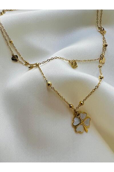 Haziran قلادة نسائية من الفولاذ الذهبي مع سلسلة مزدوجة وتصميم ورقة البرسيم ال...