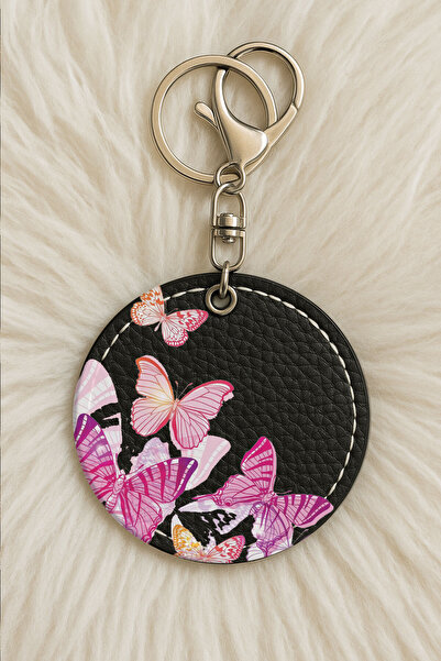 Cekuonline سلسلة مفاتيح جلدية للجنسين للرجال/النساء مطبوعة بطباعة مرحة باللون الأسود: Kelebek202