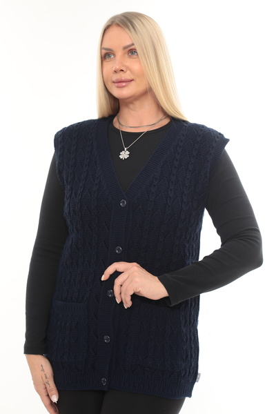 İKSUN Women's V-Neck Winter Thick Wool Chain Modeled Knitwear Buttoned Pocket Mother Vest