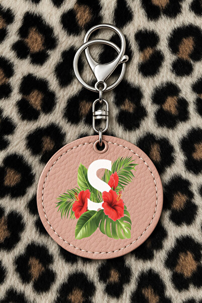 Cekuonline سلسلة مفاتيح جلدية قابلة للتجميع مع نقش مطبوع بتصميم مرح: حرف P النباتي باللون الوردي