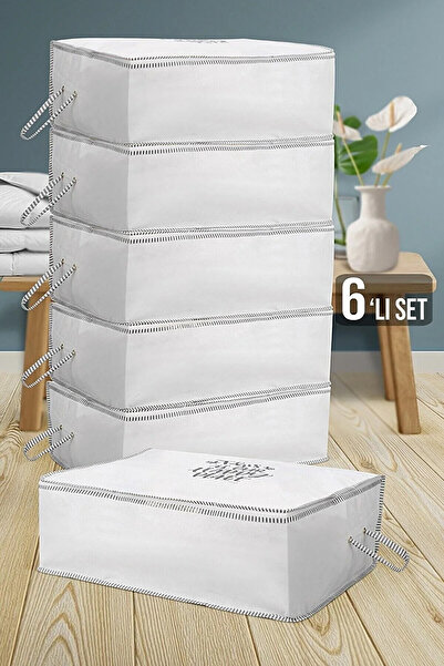 teknotrust 6 Adet Beyaz Çeyizlik Baskılı Ipli Kazak Hurcu 30x22x20cm