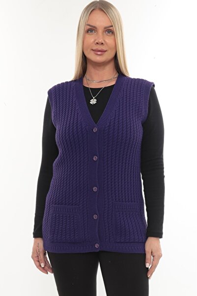 İKSUN Women's V-Neck Winter Thick Woolen Hair Knit Model Knitwear Button Mother Vest with Pockets