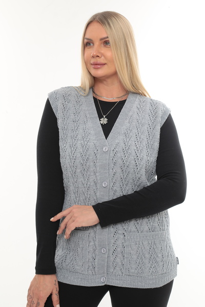 İKSUN Women's V-Neck Thick Wool Goose Feet Patterned Knitwear Buttoned Pocketed Mother Vest