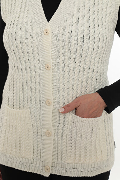 İKSUN Women's V-Neck Winter Thick Woolen Hair Knit Model Knitwear Button Mother Vest with Pockets