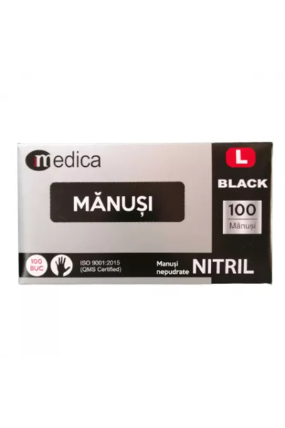 MEDICA Mănuși de examinare din nitril nepudrate, mărimea L, negre, 100 bucăți,