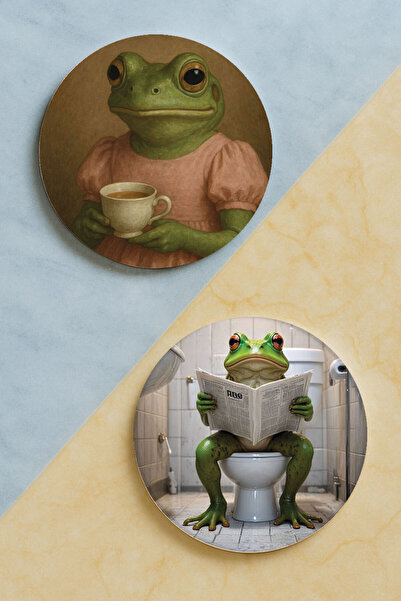 Cekuonline Ev Dekor Oval Pleksi Bardak Altlığı Temalı Desenli 2 Adet Set Kurbağa