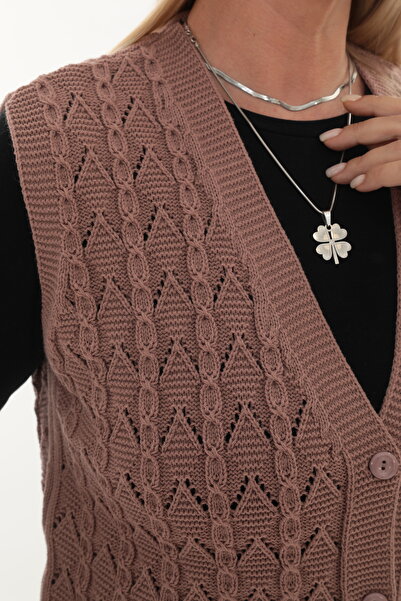 İKSUN Women's V-Neck Winter Thick Wool Chain Modeled Knitwear Buttoned Pocket Mother Vest