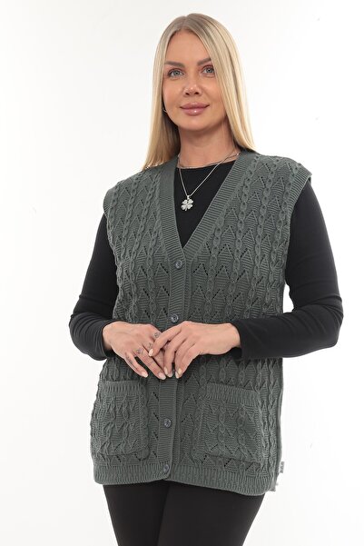 İKSUN Women's V-Neck Winter Thick Wool Chain Modeled Knitwear Buttoned Pocket Mother Vest