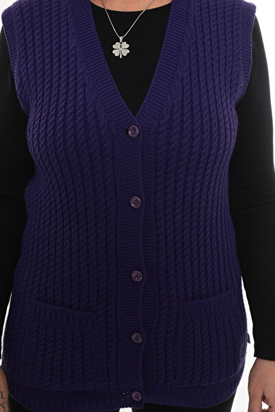 İKSUN Women's V-Neck Winter Thick Woolen Hair Knit Model Knitwear Button Mother Vest with Pockets