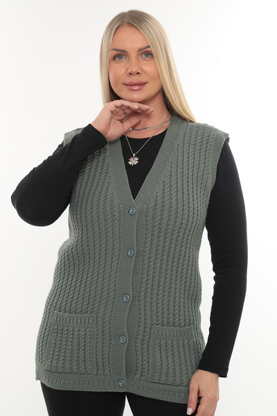 İKSUN Women's V-Neck Winter Thick Woolen Hair Knit Model Knitwear Button Mother Vest with Pockets