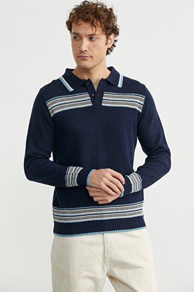 Sementa Polo Neck Kilim Patterned Knitwear Sweater - Navy Blue
