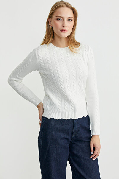 Sementa Dilimli Saç Örgülü Triko Kazak - Kemik