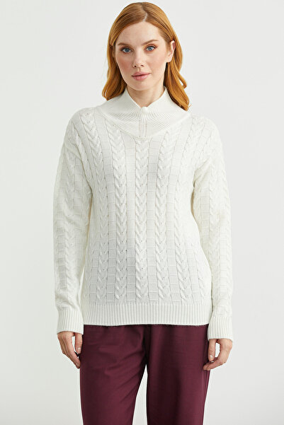 Sementa Dik Yaka Motifli Yünlü Triko Kazak - Kemik