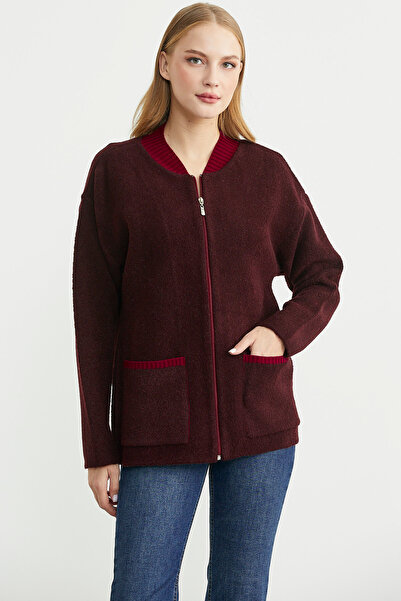 Sementa Wool Knit Jacket with Zipper Pocket Detail - Burgundy