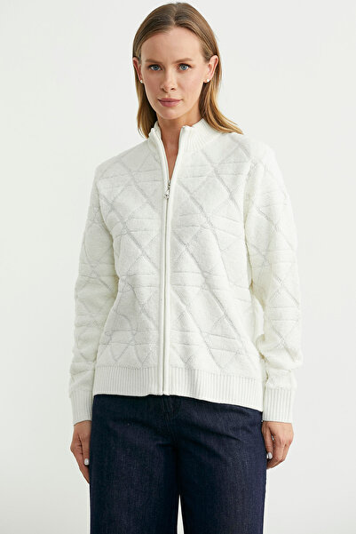 Sementa Geometric Patterned Zippered Wool Knit Cardigan - Bone