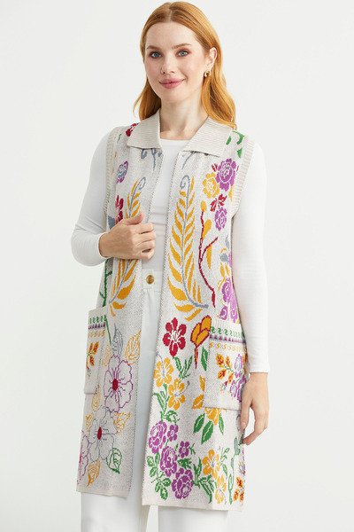 Sementa Кольоровий вовняний довгий трикотажний жилет з квітковим візерунком - бежевий