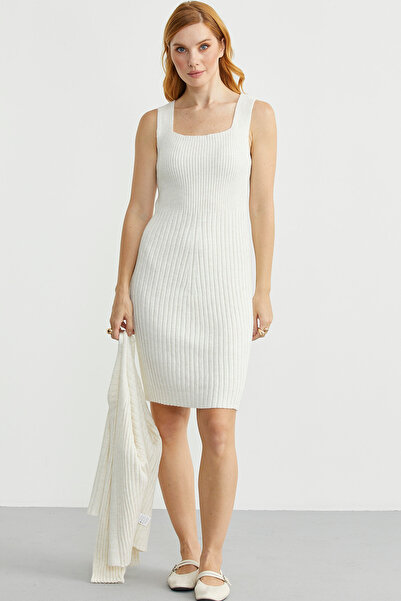 Sementa İkili Elbise Hırka Triko Takım - Kemik