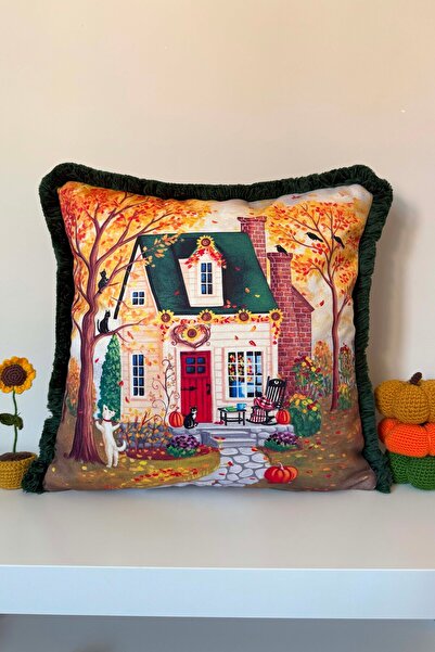 decofav Husă de pernă cu franjuri, cu design drăguț de casă de toamnă, cu efe...