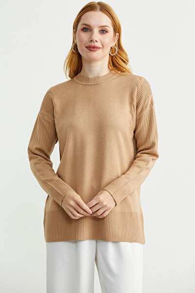 Sementa Sleeve Detailed Crew Neck Tunic Knitwear Sweater - Camel