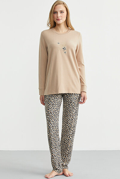 Sementa Soft Textured Leopard Patterned Winter Pajamas - Beige