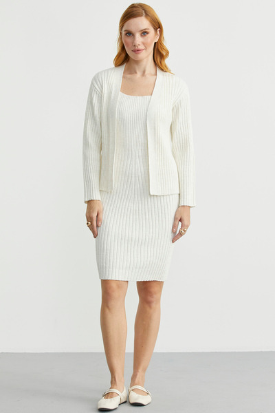 Sementa İkili Elbise Hırka Triko Takım - Kemik