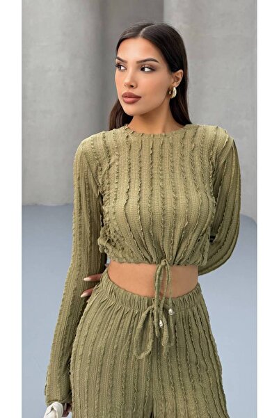 MY DEPO Women's Waist Tie Crop Pants Set