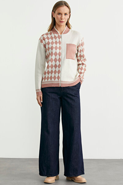 Sementa Zippered Diamond Motif Knitwear Cardigan - Rose
