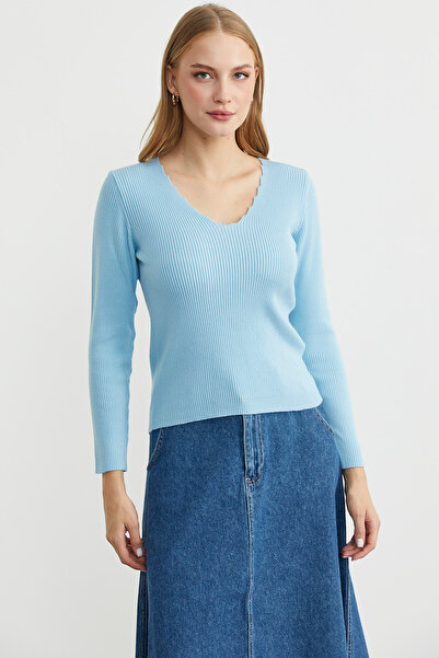 Sementa Fitilli Basic V Yaka Triko Kazak - Mavi