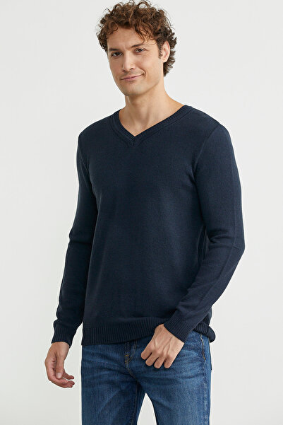 Sementa V-Neck Basic Knit Sweater - Navy Blue