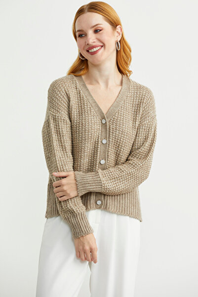 Sementa Payet Detaylı Yünlü Triko Hırka - Koyu Bej