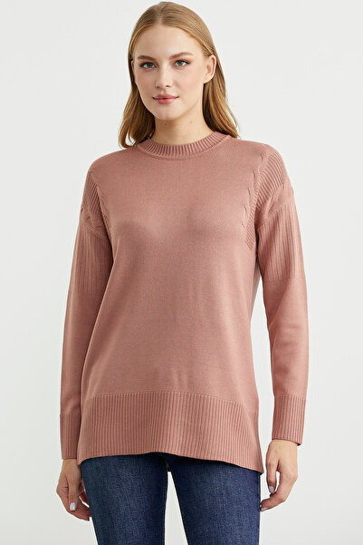 Sementa Kol Detaylı Sıfır Yaka Tunik Triko Kazak - Gül