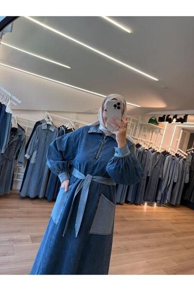 OlaLady Γυναικείο τζιν φόρεμα με ζώνη με αντίθεση ανοιχτού σκούρου χρώματος