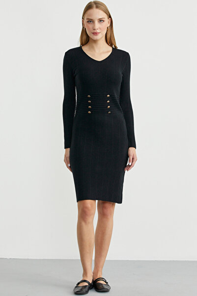 Sementa Düğme Detaylı V Yaka Triko Elbise - Siyah