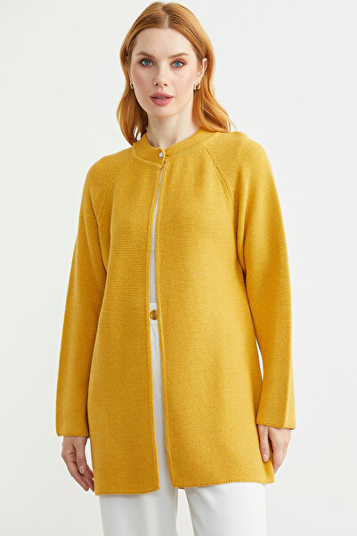 Sementa Sıfır Yaka Yünlü Uzun Triko Hırka - Güneş