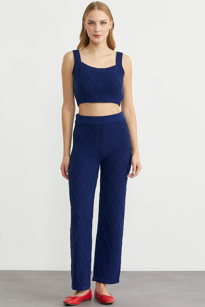 Sementa Cotton Crop Pants Knitwear Set - Navy Blue
